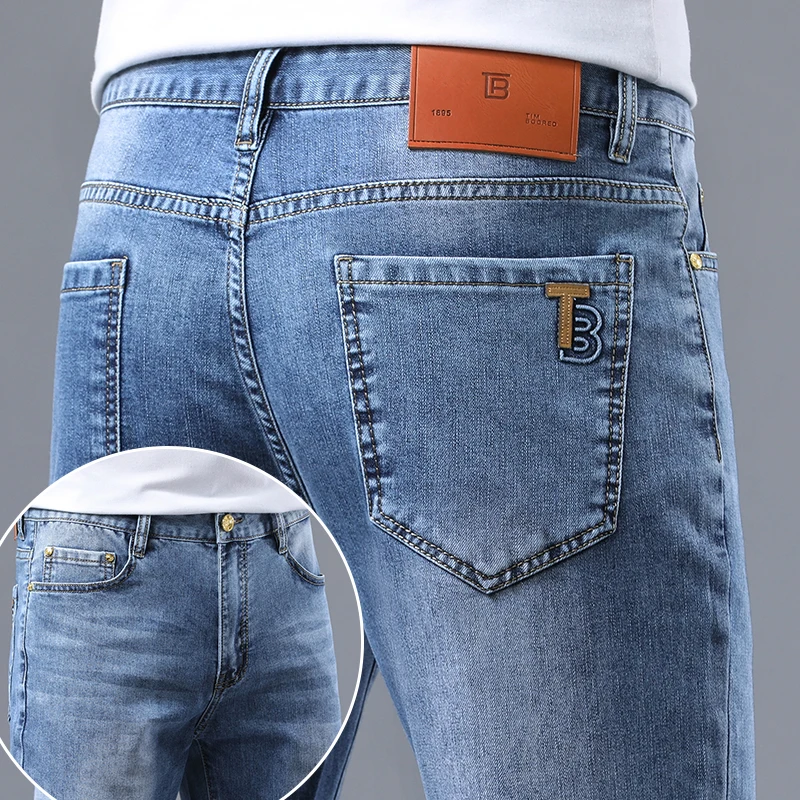 Summer thin section of light luxury high-end embroidery straight men's jeans light blue stretch versatile denim men's long pants