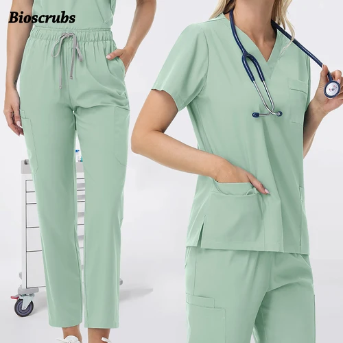 Traje de pantalones rectos Unisex, traje de 2 piezas, Ropa de Trabajo de belleza, uniformes quirúrgicos médicos, ropa de enfermera para mujer, pantalones de enfermería con bolsillos