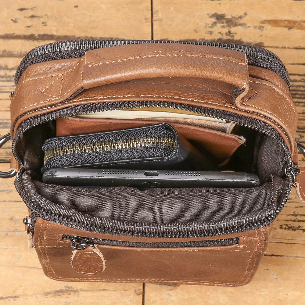 Vintage Men's Leather Crossbody Bag - Genuine Top Grain Cowhide Waist Fanny Pack, Handcrafted Retro Shoulder Phone Pouch