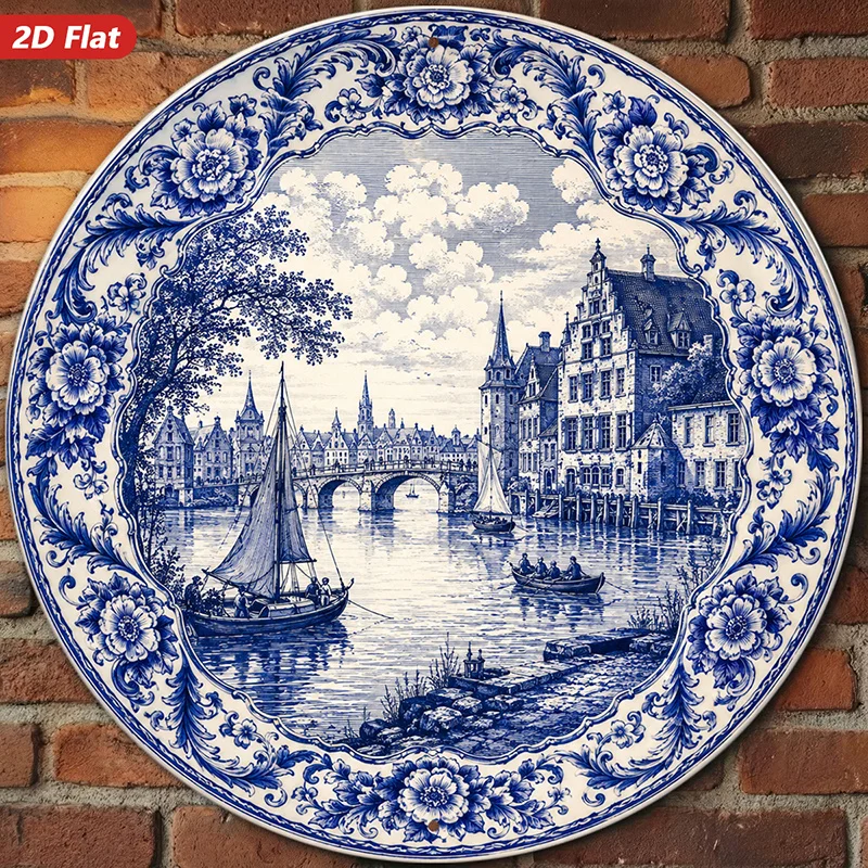 CIFBUY Vintage Blue White Cityscape Round Aluminum Wall Art Waterproof Decorative Metal Sign for Living Room Dining Room Hallway