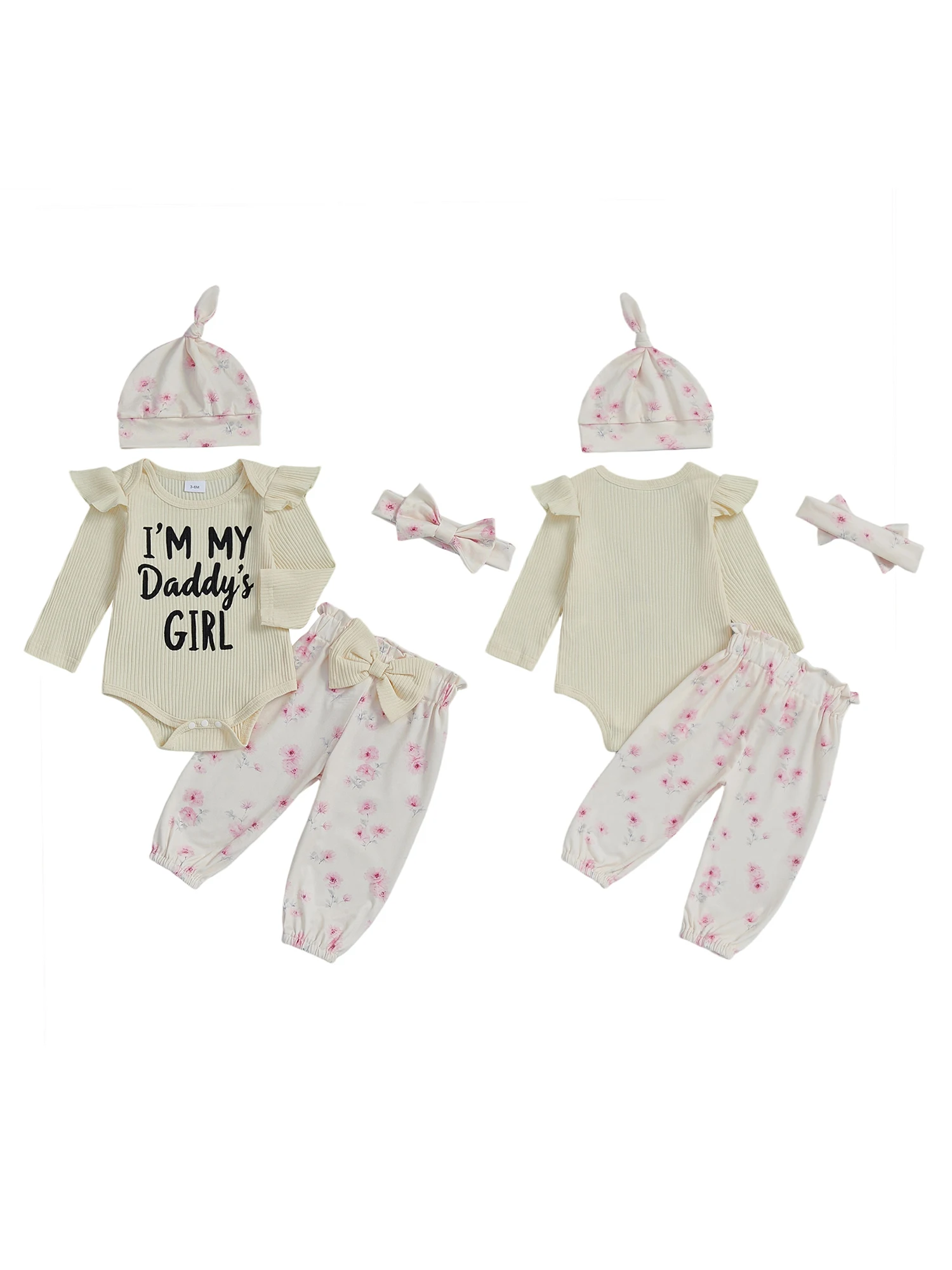 طفل الفتيات 4 قطع السراويل مجموعات طويلة الأكمام س الرقبة إلكتروني طباعة رومبير الأزهار السراويل عقال قبعة مجموعات #5