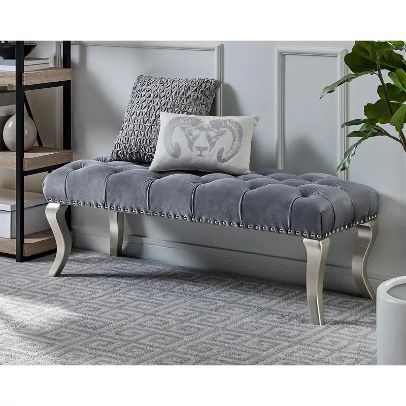 

Tufted Fabric Upholstered Bench with Nailhead Trim - Gray Storage Seat for Living Room, Bedroom, or Entryway