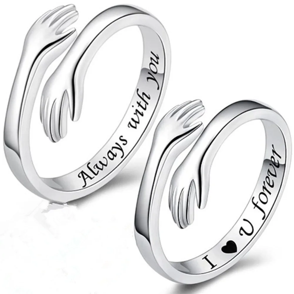 2pcs Lettering Silver Color Warmly Embraced Love Hug Open Ring Women Creative Hands Embracing Adjustable Valentine's Day Rings