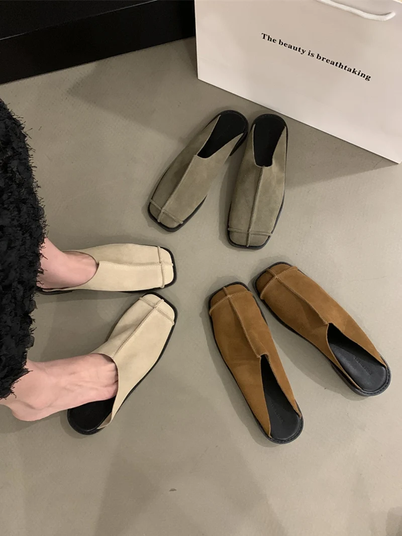 Fashion Slip on Mules Flat Slippers 2024 Summer New Brand Women Flat Casual Outdoor Square Toe Shoes Ladies Slippers