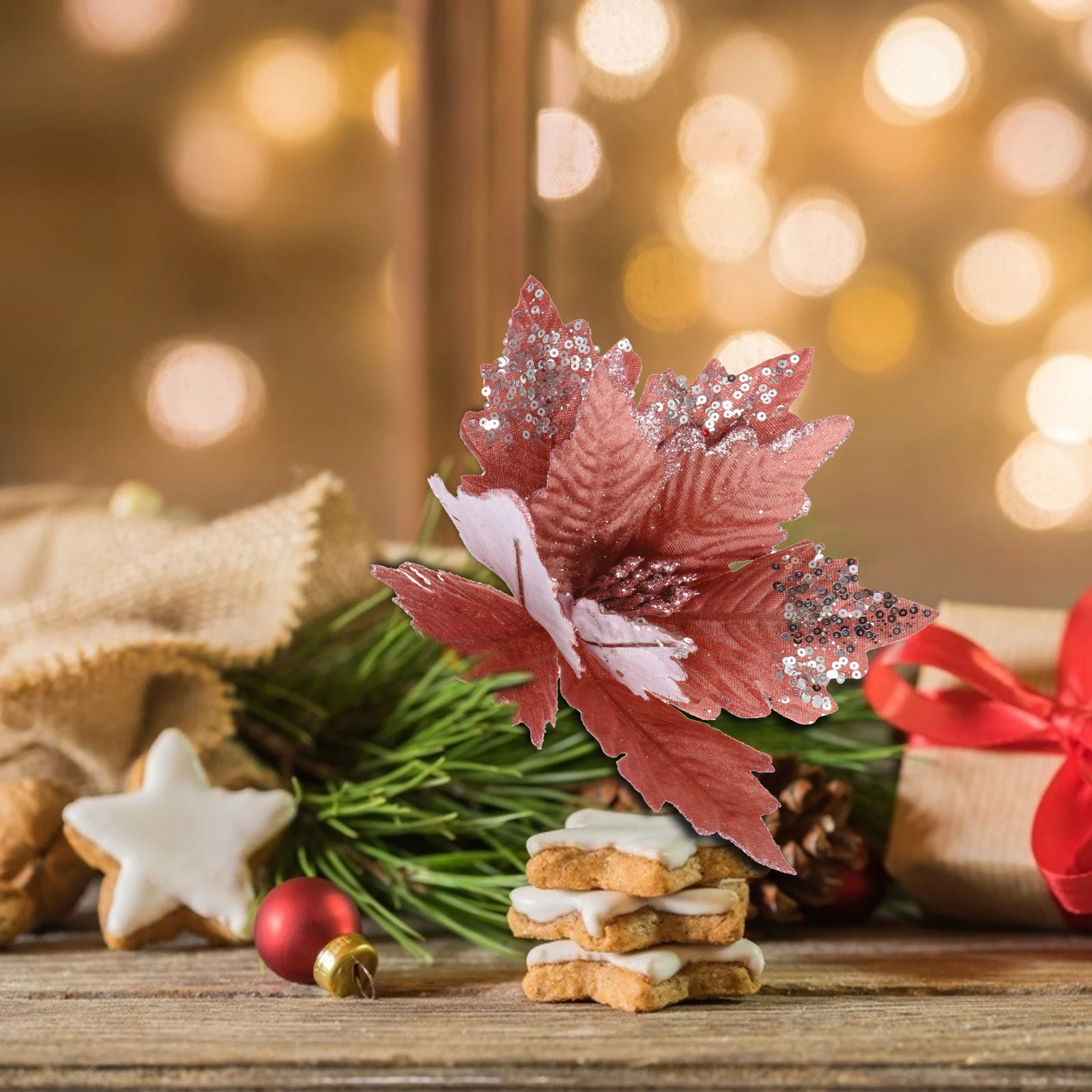 

Artificial Christmas Flower Bright Color Lifelike Decoration Fake Poinsettia Xmas Decor Flannel Long Lasting Suitable Parties