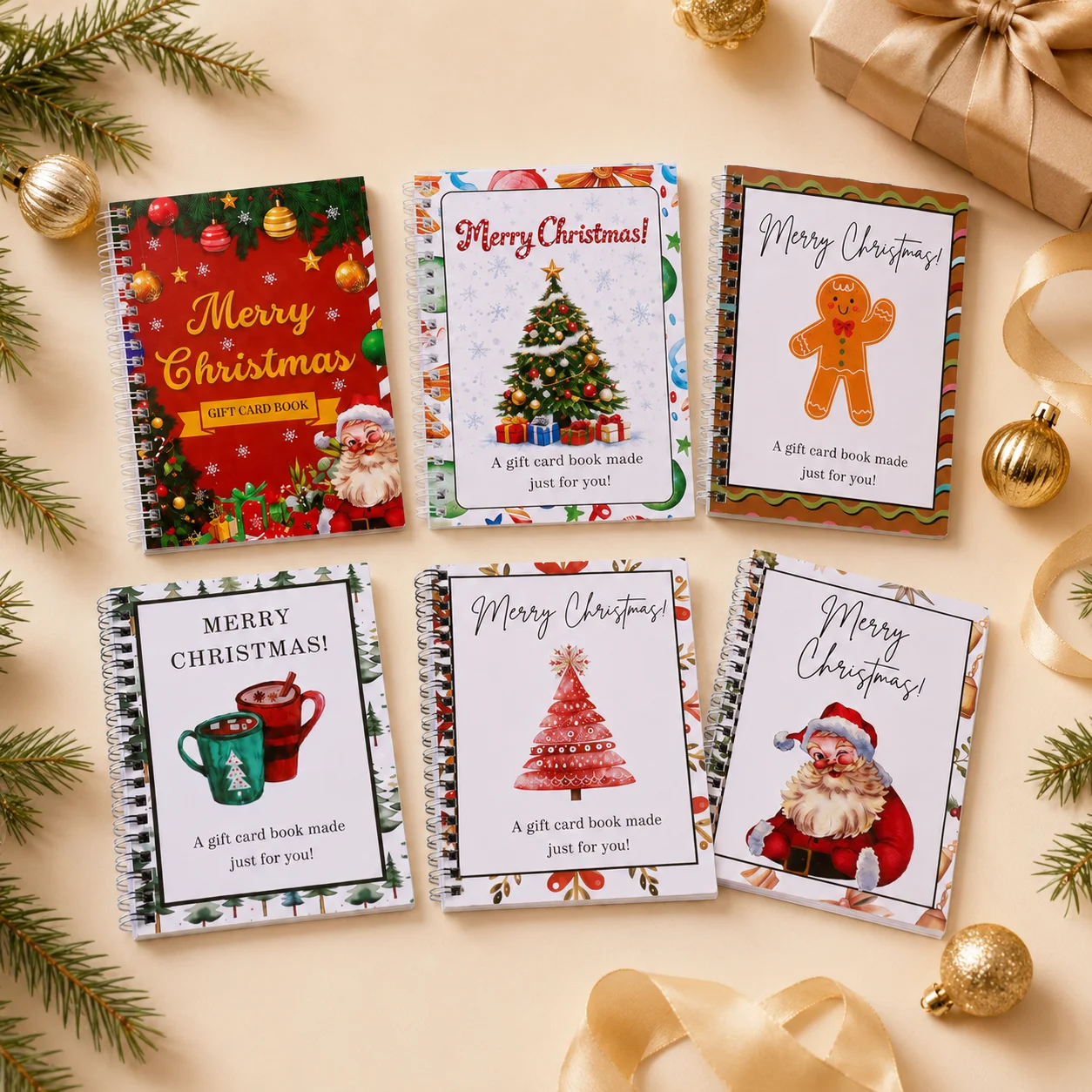 Gift Card Book, 6 Designs Portable Spiral Bound, Xmas Festive Printed, Card Holder Organizer, For Holiday Home Party, Gift