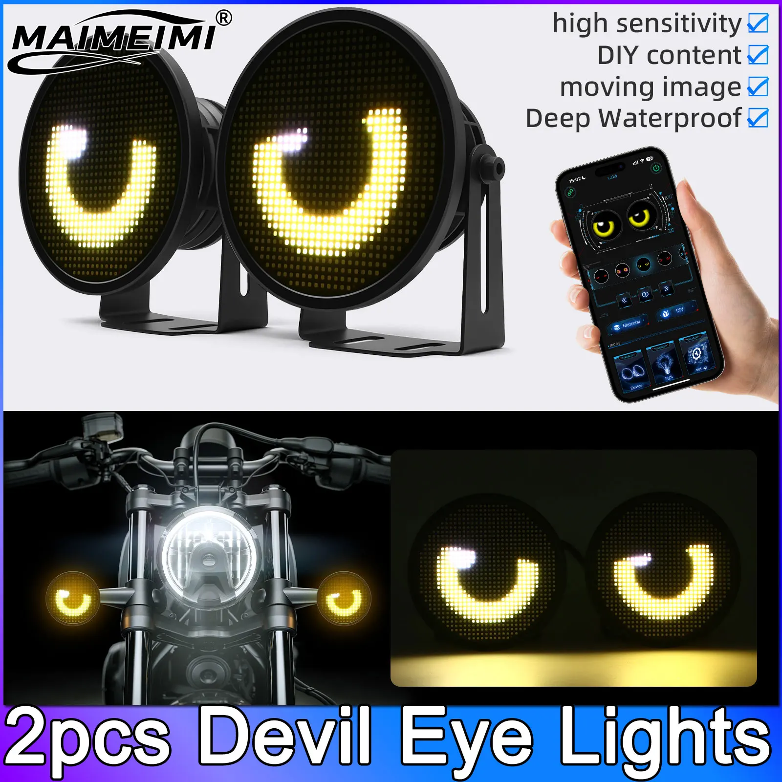 2pcs Devil  Eye Lights 3inch APP LED Screen Blink Angel Eyes Fog Light DIY Multimedia Player Dynamic Eye Lights Car Headlamps