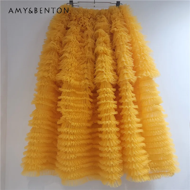 

2026 Spring Summer New Fashion Brand Sweet And Elegant Tiered Mesh Skirts Y2k Clothes Orange Color Elastic Waist Cake Skirt Girl