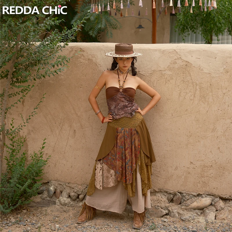 

ReddaChic Asymmetrical Lace Patchwork Skirt Women Summer Hippie Vintage Hot Girl Elastic A-Line Vacation Skirt Boho Print Clothe