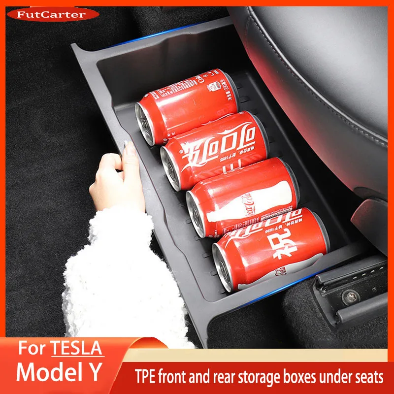 

For Tesla Model Y 2021-2024 TPE Under Seat Storage Box Center Console Organizer Bins Front Backseat Bag Trash Tray Accessories