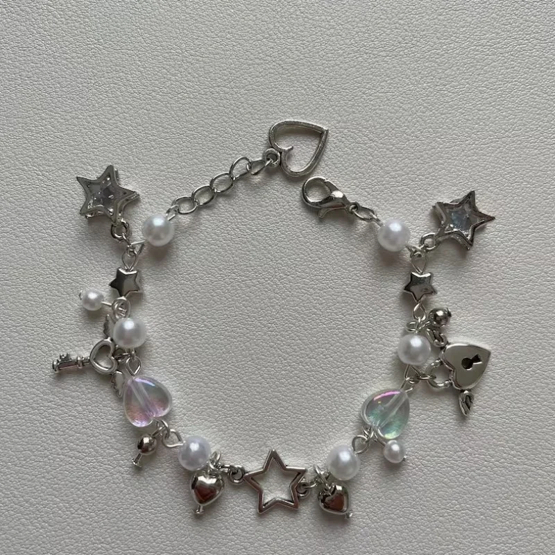 Y2K, Fashion Chrome Star + Heart theme bracelet, Friendship bracelet, Gift creativity, Gothic,