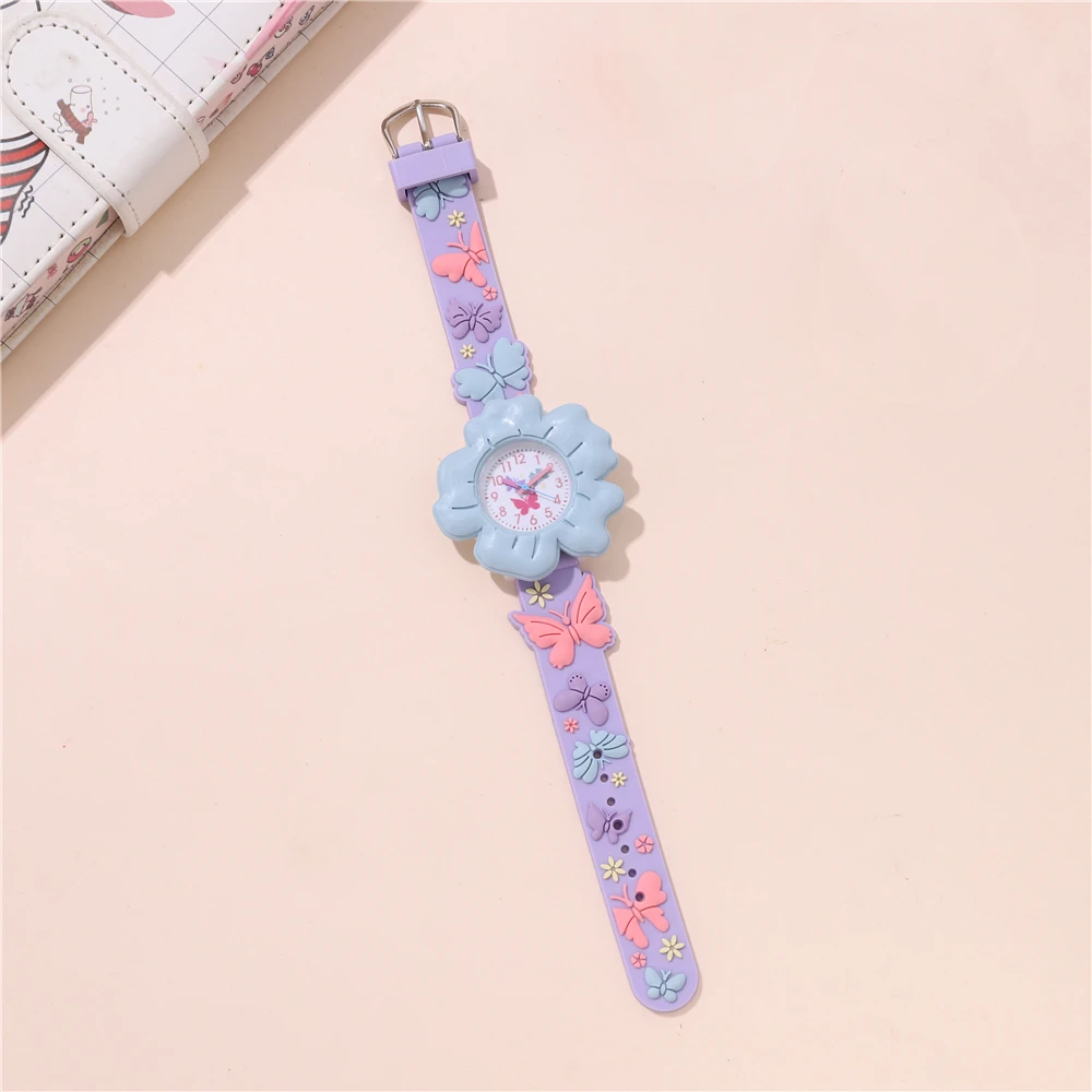 Montre en silicone pour enfants, cadran à fleurs, bracelet papillon coloré, cadeau pour filles