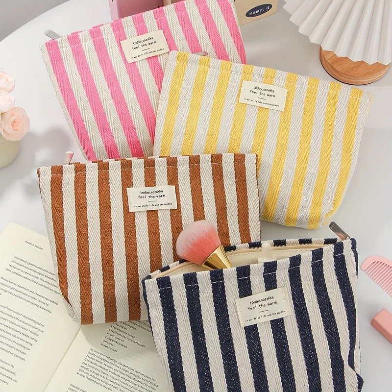 Bolsa de maquillaje a rayas blancas y rosas, organizador de cosméticos de viaje de gran capacidad con cremallera para brochas, lápices labiales, joyería