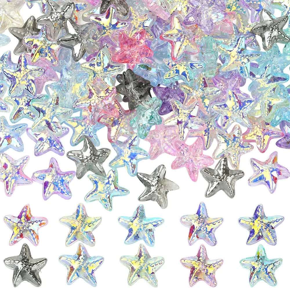 100 Piezas de Cuentas de Vidrio Hechas a Mano con Forma de Estrella de Mar, 10 Colores Surtidos, 14~15x14~15.5x6.5~7mm, Orificio: 1mm, 10 Piezas por Color