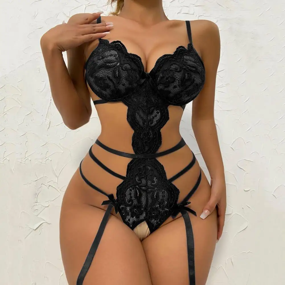 Sexy Lingerie Halter Bra Set Women Open Solid Mesh Lace Patchwork Chemises Underwear Set With Garter Belts Hot Erotic Costumes