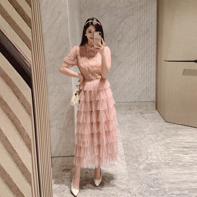 New Fashion Summer Pink Lace Patchwork Mesh Cake Long Dress Women Beaded Doll Collar Puff Sleeve Layers Ruffles Princess Vestido