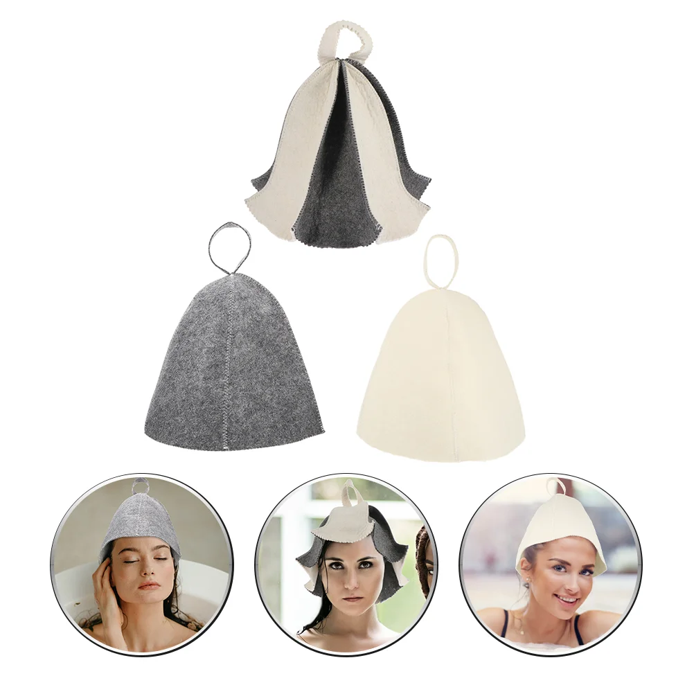 

3 Pcs Felt Shower Cap Premium Material Sauna Hat Supply Stylish Wool Bath Portable Supple Head Protector Bathing