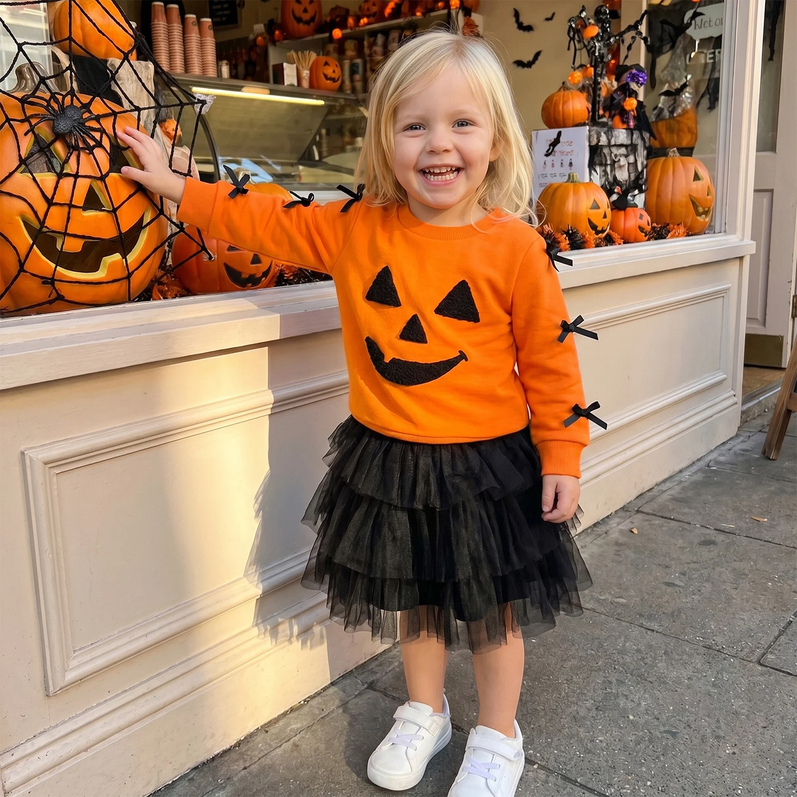 1-5Y Toddler Baby Girl Halloween Costume Devil Pumpkin Face Print Crew Neck Long Sleeve Sweatshirt Tops Mesh Skirt 2 Pcs Set