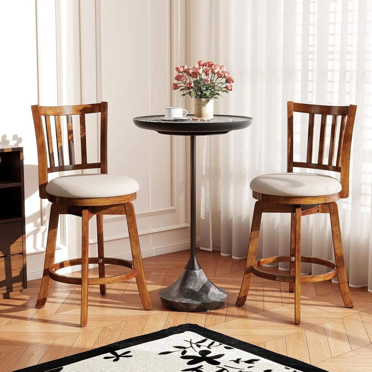 

Barstools Set of 2, 360° Rotating Counter Height Chairs with Backrest & Upholstered Seat, Rubber Wood High Top, Customized