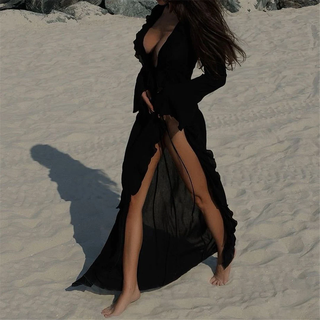 Nowa seksowna szyfonowa tunika z długim rękawem z dekoltem w szpic i falbanami na plażę dla kobiet Sukienka plażowa dla kobiet