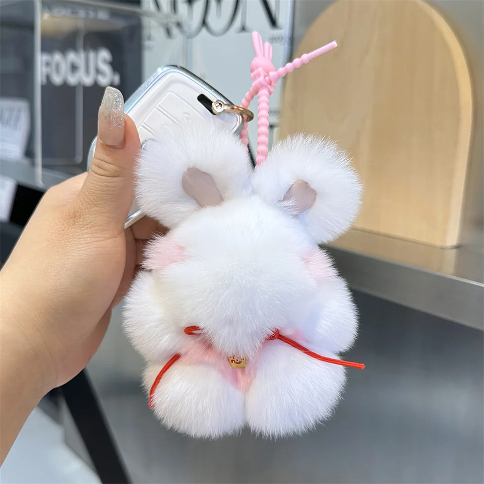 2024 Multicolor Rabbit Keychain Ring Fluffy Real Fur Pompom Bunny Trinket Key Chain Charm Cute Ring On Bag Car Key Pendnat image 6