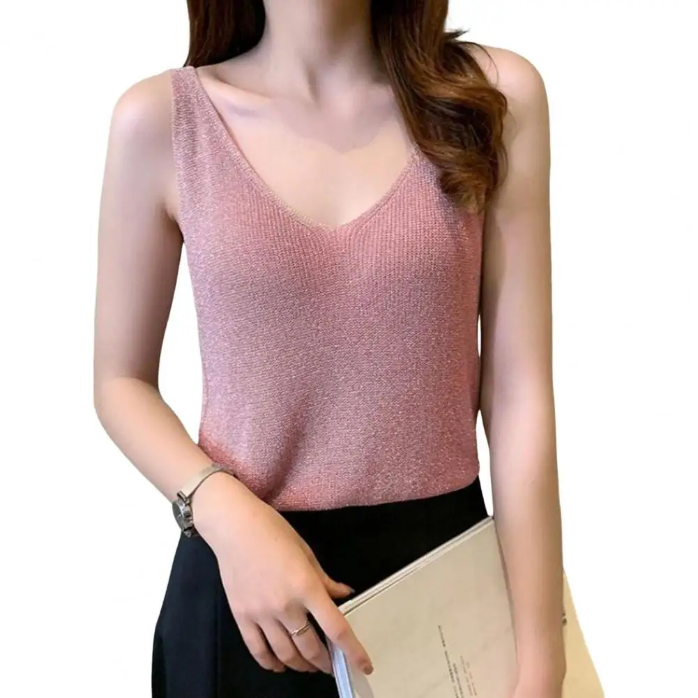 Skin-friendly Tank Top Stylish Women\'s V Neck Sleeveless Tank Tops Slim Fit Knitted Shirts for Daily Wear Summer Tunic Blouses