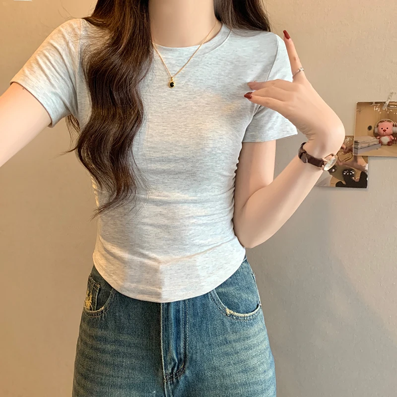 

Threaded Short Sleeve T-shirt Women Slim V-Neck Pullover Tops Fitting Tight Solid Blouse Basic Simple Soft Bottom Sexy Office