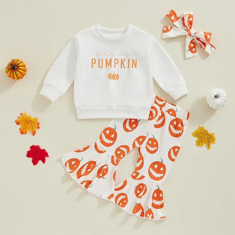 

Newborn Toddler Infant Baby Girls Halloween Set Letter Pumpkin Print Long Sleeve Sweatshirt Flare Pants Hair Band Outfits