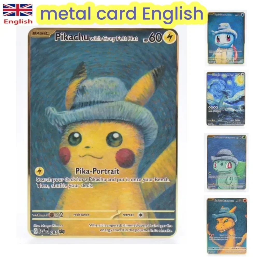 Van Gogh Museum Pokemon Englisch Metall Karte Anime Pikachu Charizard Mewtwo Glänzende Buchstaben Spiel Sammlung Karte Kinder Spielzeug Geschenke