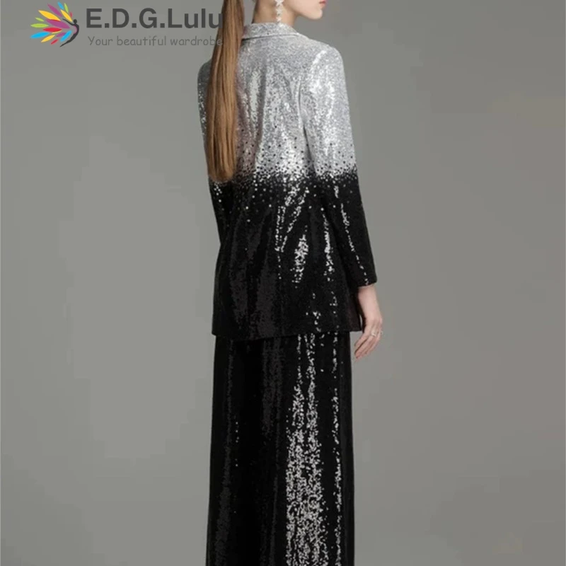 EDGLuLu 2025 Nieuwe vrouwen Zwart-wit Pailletten Jasje + Hoge Taille Rechte Broek Tweedelige Set Mode Dames 0817