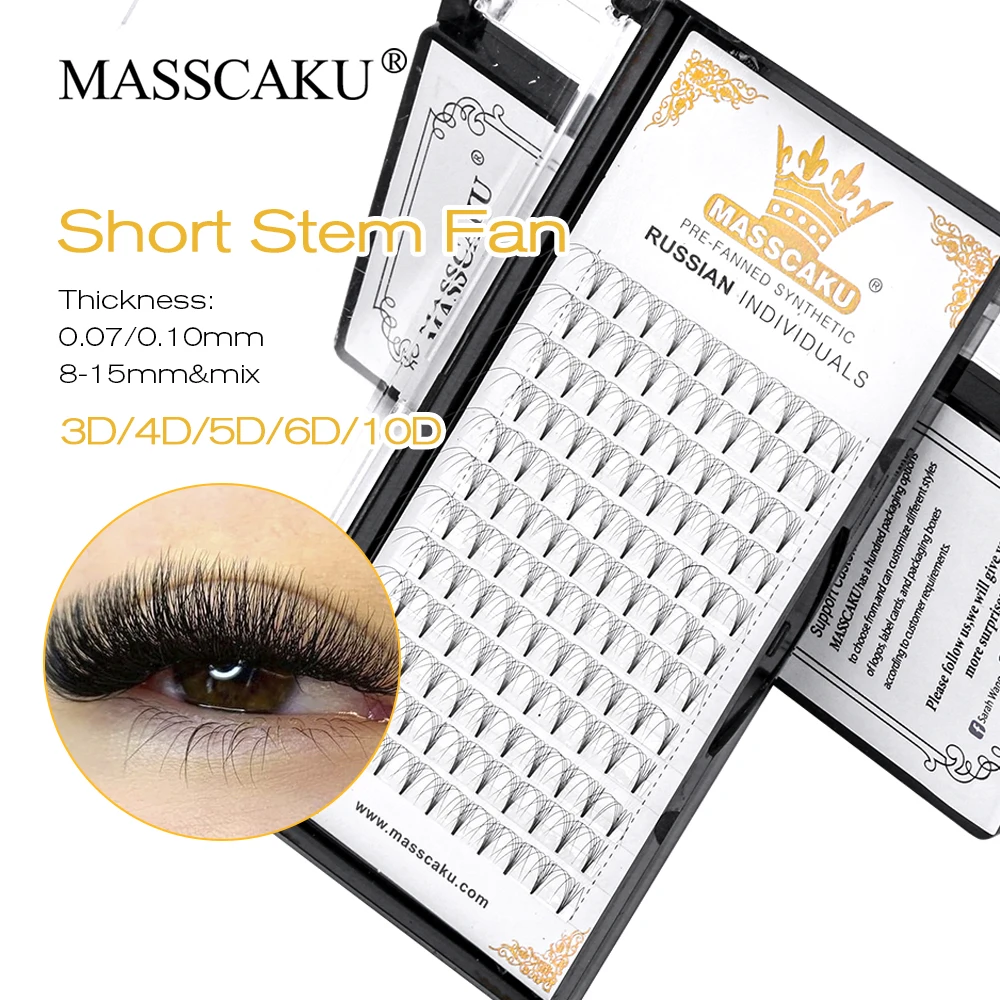 

MASSCAKU Thin Root Short Stem Eyelash Premade Volume Fans Lash Extension C/D Curl 0.07/0.10mm Faux Mink Eyelashes Supplies