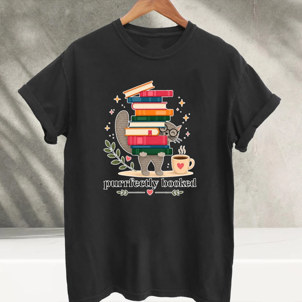Cute Cat Purrfectly Booked Stack Books Coffee Graphic T-Shirt Book Lover Reading Gift Casual Cotton Crew Neck Pet Cat Tee Tops