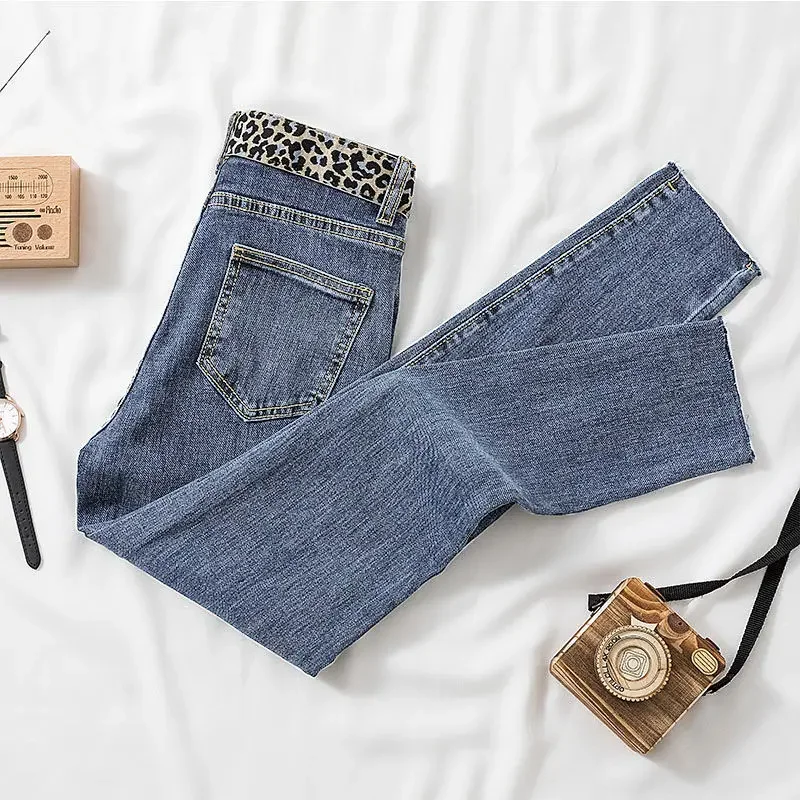 봄과 가을 신상 한국 스타일 하이웨이스트 스키니 슬림 슬리밍 레오파드 프린트 펜슬 팬츠 청바지 여성 트렌드