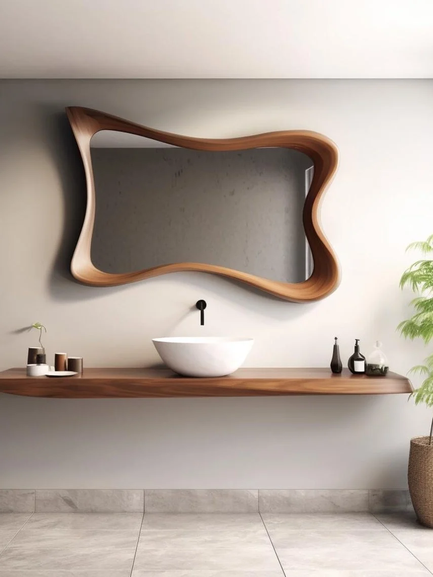 & French-style Vintage Wood Bathroom Mirror Irregular Wall-mounted Vanity Mirror LED Strip Light Anti-fogging Wabi-sabi Decor fo view 4