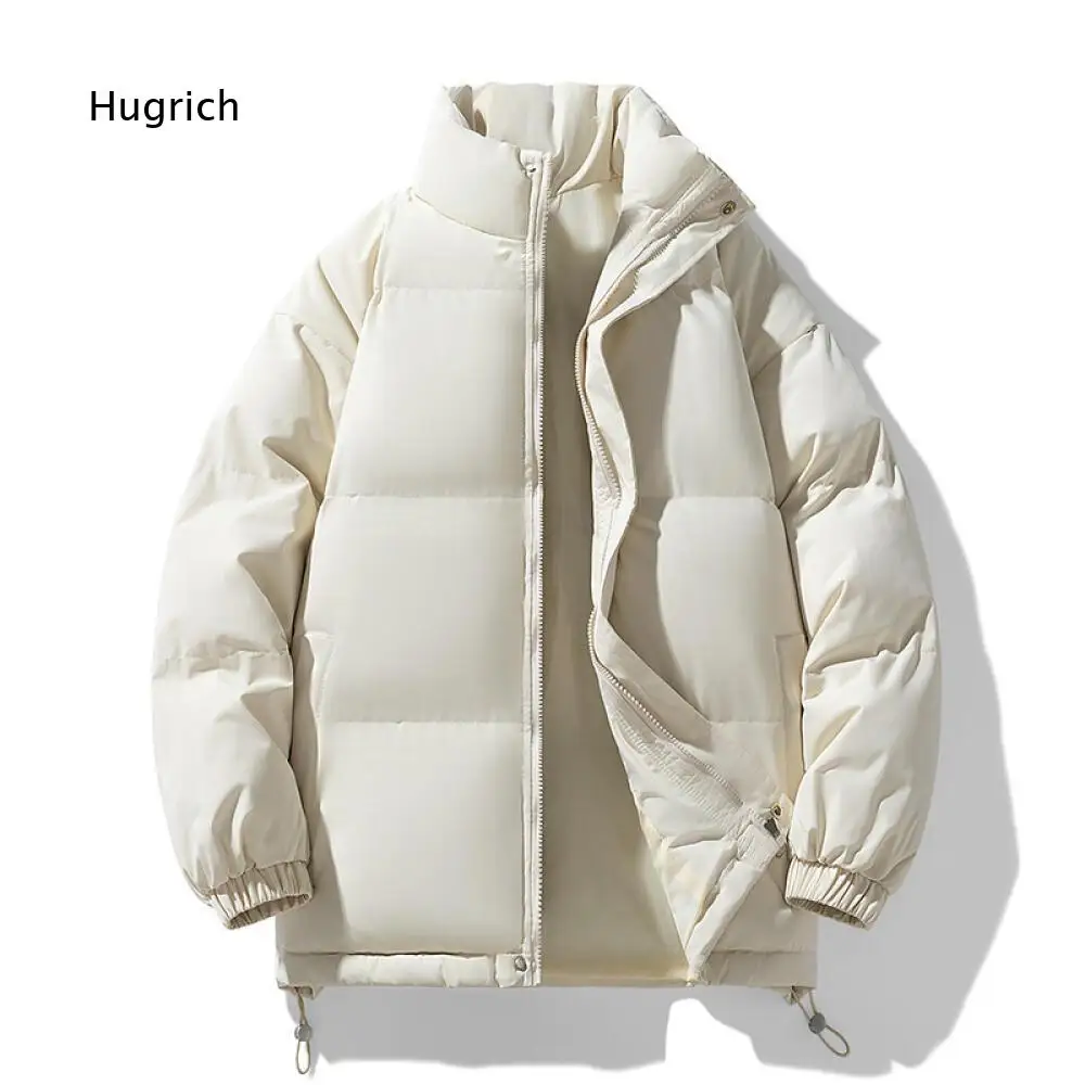 Loose Fit Stand Collar Puffer Coat For Men Full Zip Closure Elastic Cuffs Drawstring Hem Long Sleeve Cold Weather Outer Garment