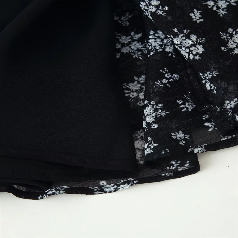 Outono novo estilo de deslocamento feminino impresso em camadas decoração com decote em v vestido de manga comprida