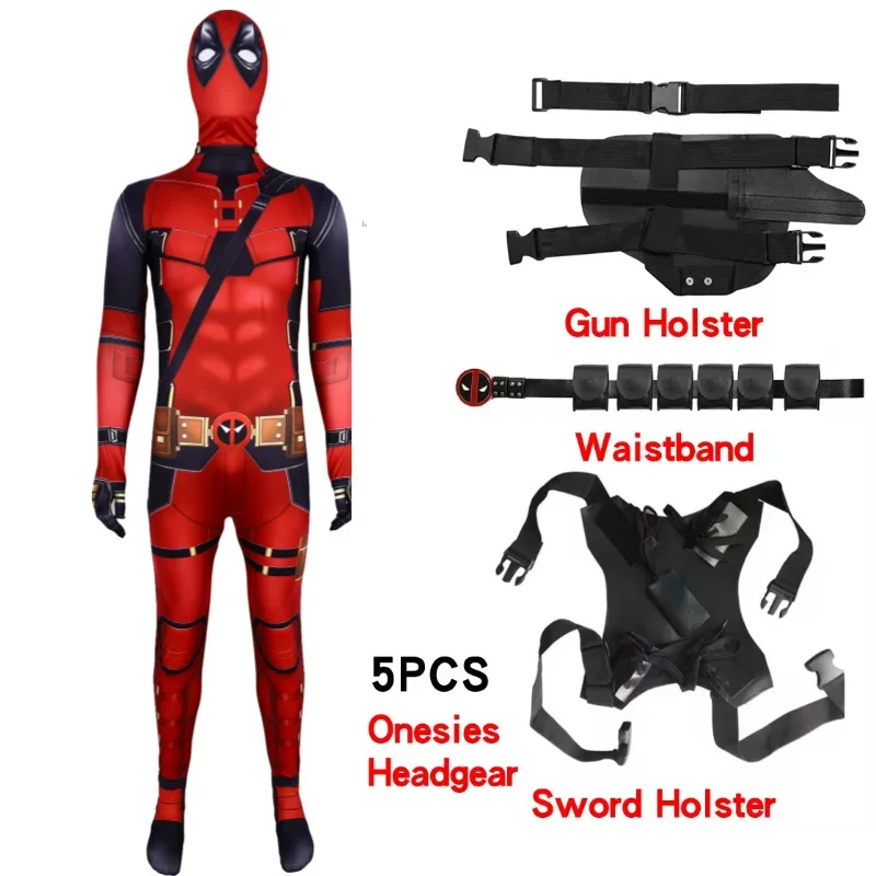 Costume da supereroe Deadpool Tuta cosplay di Halloween Ragazzi Fantasy Movie Personaggio Maschera Collant con spada e borsa Set da vacanza