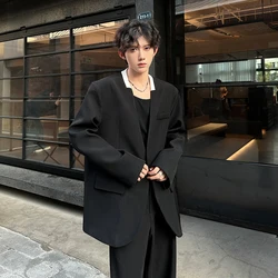 Black/White Men Blazer Collarless Contrast Color Streetwear One Button Long Sleeve Fashion Men Casual Suit Jacket 3XL-M