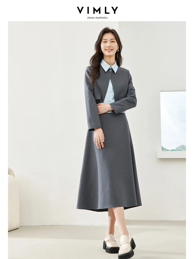 Vimly Spring Women Blazer Suit 2024 Long Sleeve Jacket Lapel Shirt Midi Skirts Three Pieces Sets New In Matching Set M5789