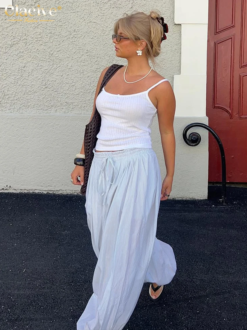 Clacive Fashion Loose Blue Women's Pants 2025 Casual High Waist Wide Trousers Elegant Classic Solid Pants Female Clothing