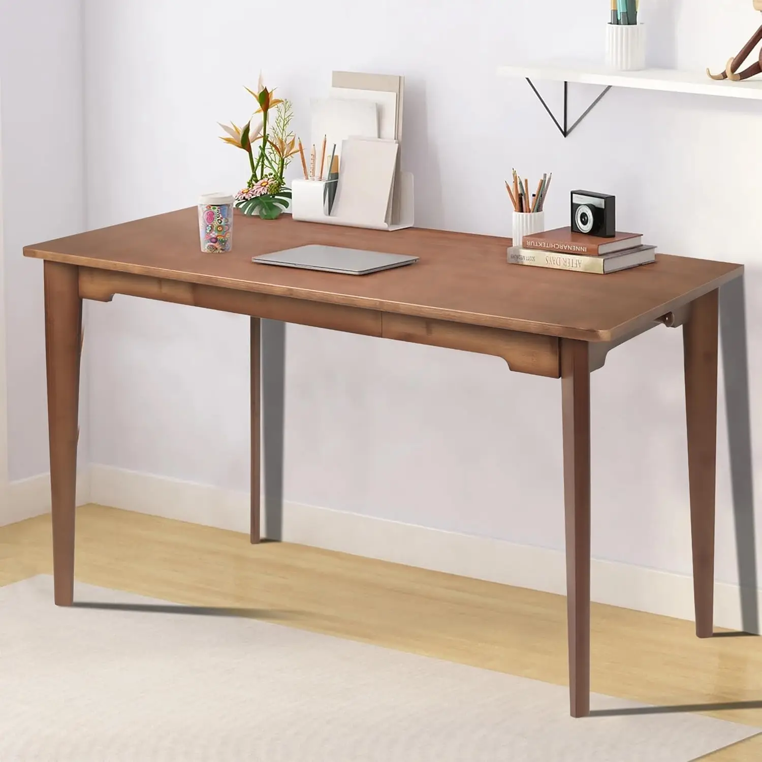 

47"" Bamboo Computer Desk Study Desk Home Office Desk Writing Table With Drawer, Modern Study Solid Bamboo Multipurpose Table,