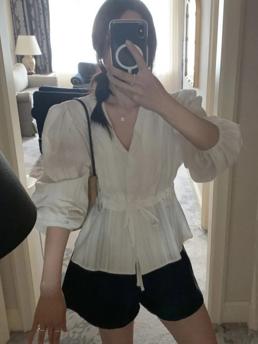 Kanten rand Bubble Sve irt Dames Losse string Taille Afslanken Fre Sle Leeftijdsreductie Top Trendy Katoen Lange Sve