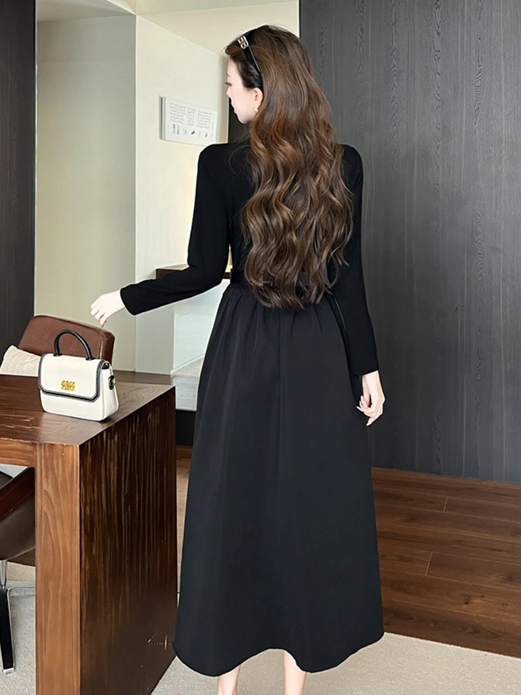 Ropa de calle para mujer, suéter informal de punto negro, Simple, con cuello en V, cinturón ajustado, vestido largo acampanado, Vestidos elegantes para mujer, bata elástica