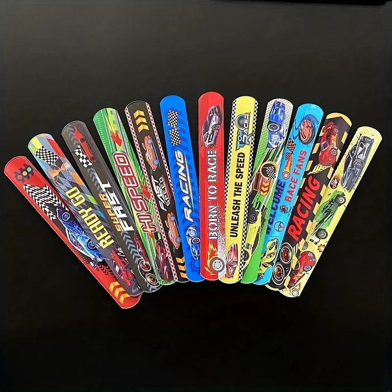 12Pcs Racing Car Theme Slap Circle Glitter Sequins Slap Pop Circle Bracelet For Baby Shower Birthday Party Decor Gifts