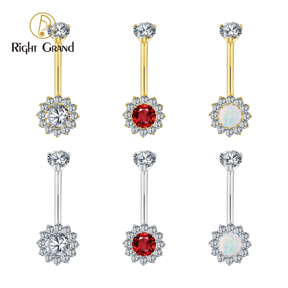 Right Grand Piercing de umbigo em titânio ASTM F136 com halo de zircônia cúbica redonda, calibre 14G, luxuoso, com granada opala. Joia para piercing corporal.