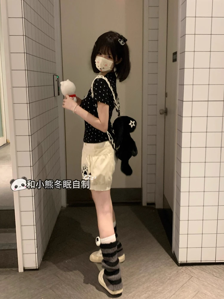 Kawaii Cat Print Shorts Women 2025 Summer Harajuku Loose Elastic Waist Shorts with Pockets Cartoon Paw Embroidery Korean Style
