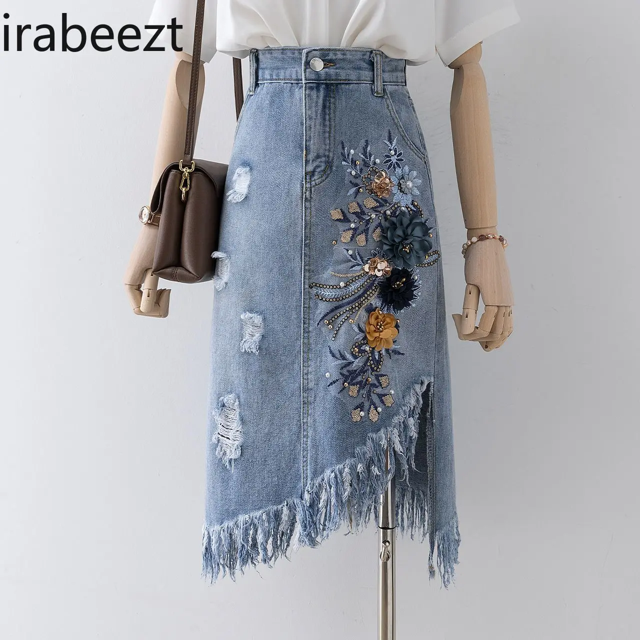 

Summer Women's Denim Clothing High Waist A-Line Mid-Length Distressed Ripped Casual Skirt Fashion Thin Stretch Jeans Skirt