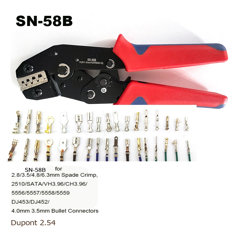 Tab 2.8 4.8 6.3 SM2.5 DuPont2.54 Car Connector Wire Ratchet Tools SN-58B(=SN-48B+SN-28B) Crimping Pliers 0.25-1.5mm² /23-16AWG