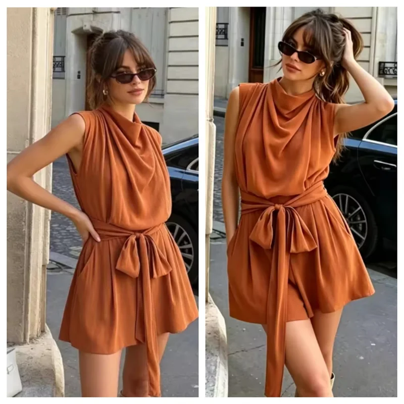 Guobioziy Women's Jumpsuit 2026 Fall New Style Orange Sleeveless with Shoulder Pads and Belt Decorative Romper Beach Vacation