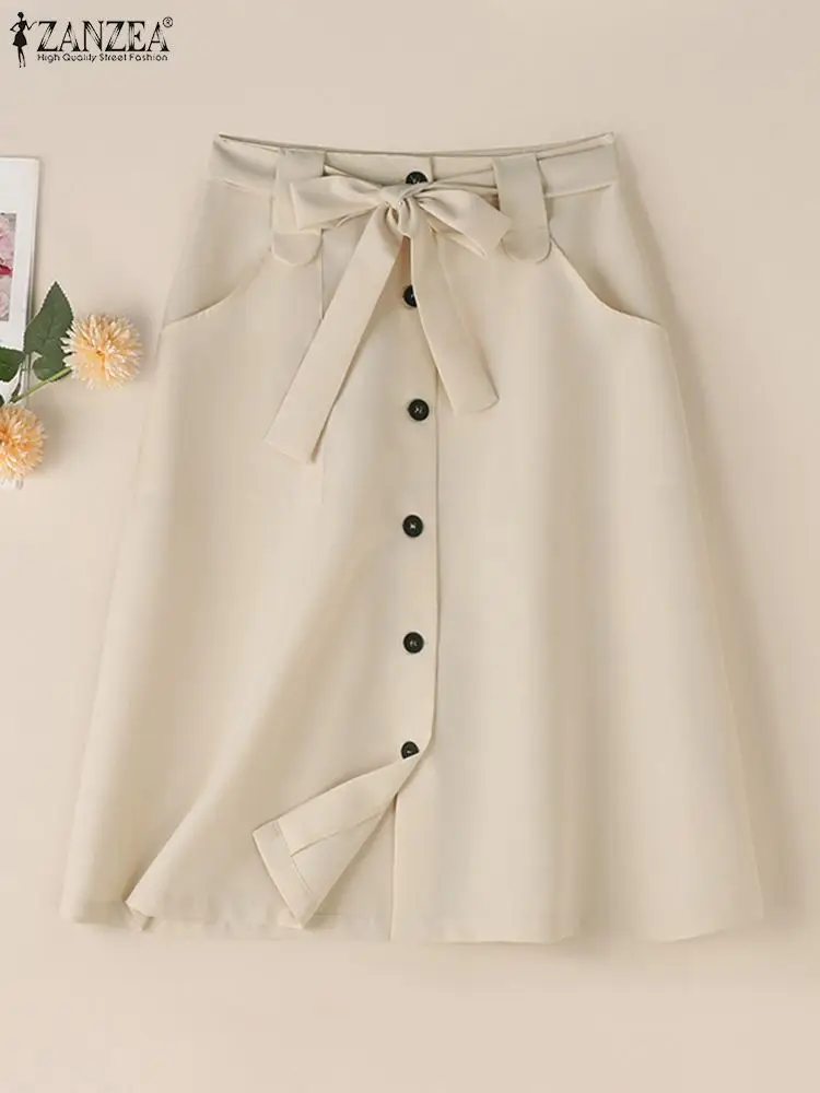 ZANZEA Belted High Waist Knee-length SKirts Fashion Elegant Solid Button Up A-line Faldas Mujer Women 2024 Summer Short Jupes